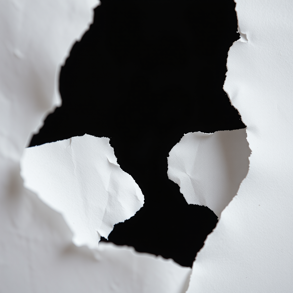 create an image of ripped paper revealing a deep black void behind it, focus on the torn edges for texture, use a macro lens with a shallow depth of field, aperture f/2.8, ISO 100, shutter speed 1/125s, shot from a 45-degree angle for depth, use natural soft lighting for even illumination