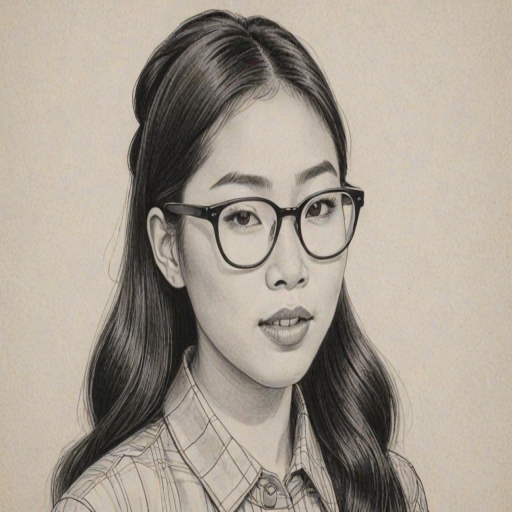 Appealing Awkwafina, pencil sketch, portrait of Resplendent woman 1960s in glasses, hair style beatnik, outline, clear lines, fine lines, 8k