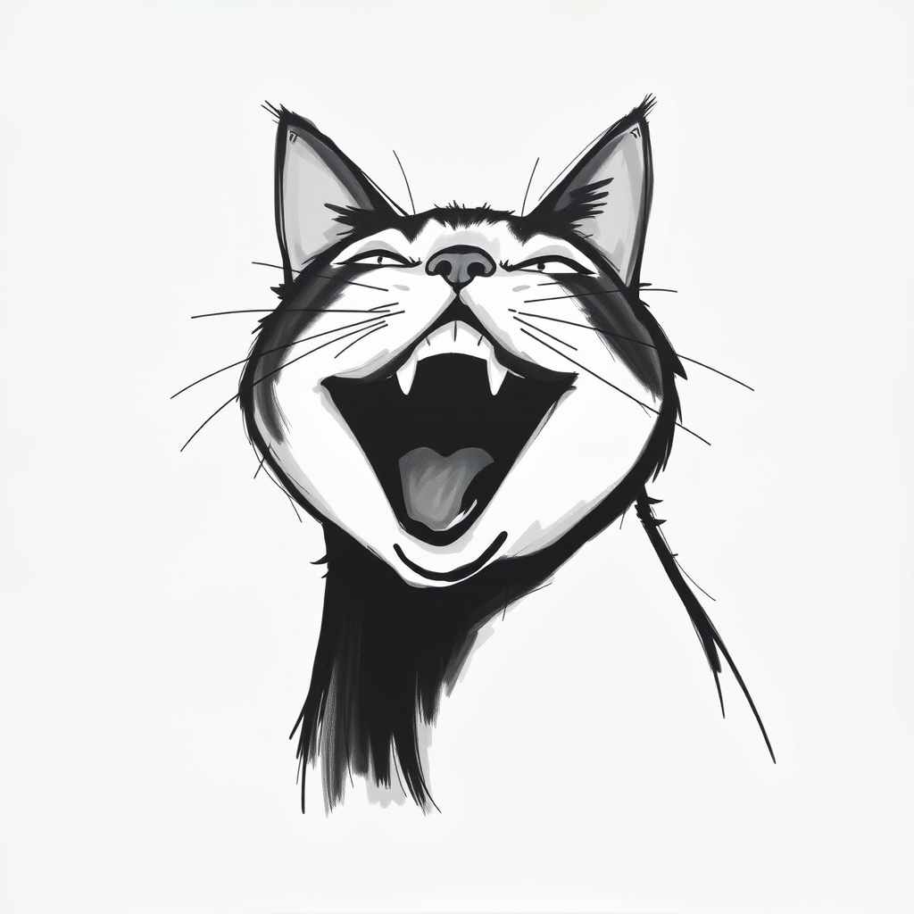 Abstract black and white acrylic portrait of an over exaggerated laughing (cat). Minimalism style. White background.