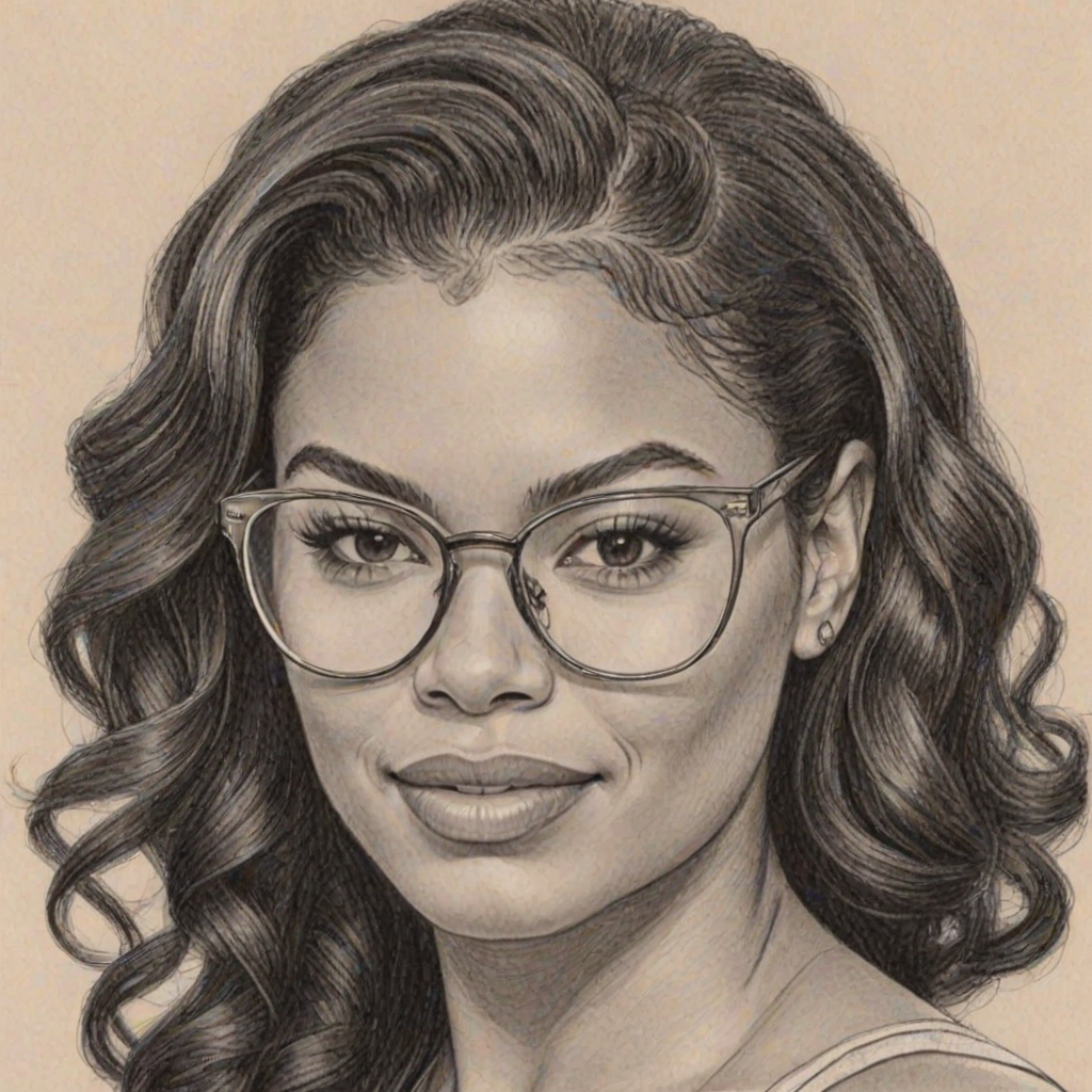 Delightful Jordin Sparks, pencil sketch, portrait of Graceful woman 1967s in glasses, hair style beatnik, outline, clear lines, fine lines, 8k