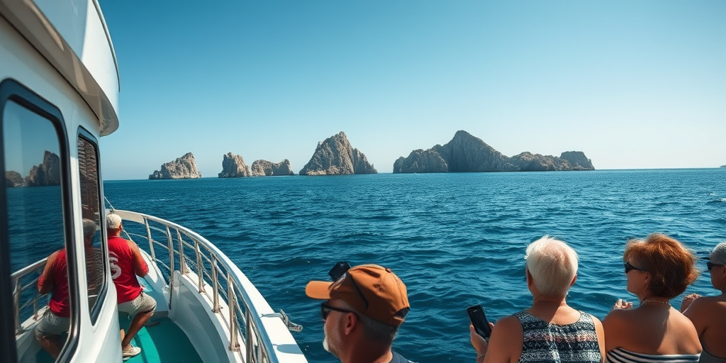 Capture a vivid seascape from the side of a boat showing passengers enjoying the view, with rocky islands in the background, using a Canon EOS R5, 24mm lens, f/5.6 aperture, 1/2000 sec shutter speed, ISO 100, in bright daylight conditions for enhanced clarity and color.