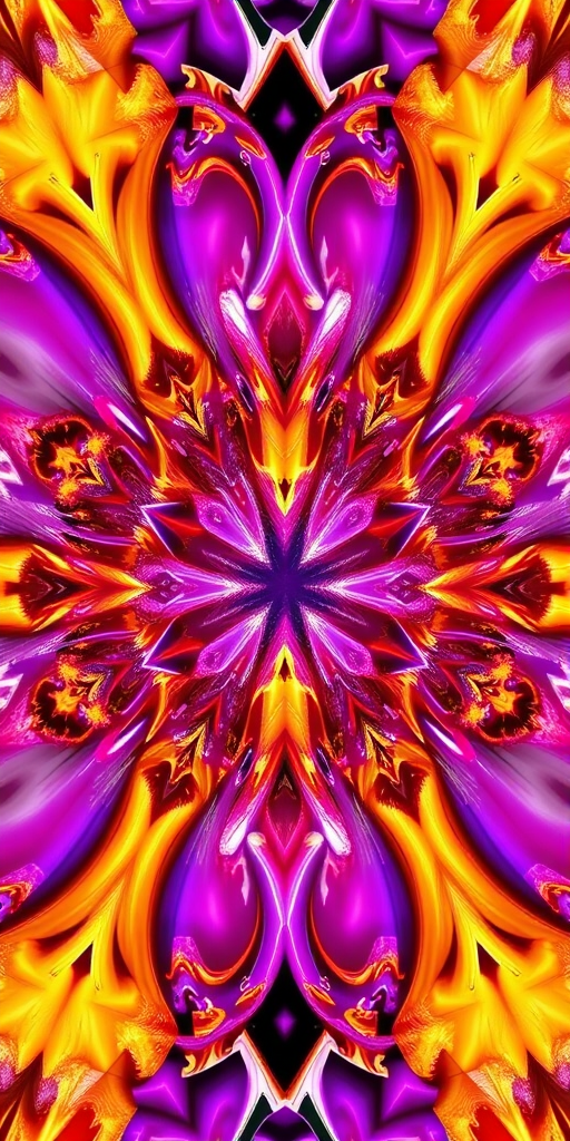 Generate a high-resolution abstract fractal image featuring vibrant purples, golds, and reds with sharp details and soft gradients, using a Canon EOS 5D Mark IV, 50mm lens, f/1.8 aperture, ISO 100, shot from a slightly tilted aerial perspective to emphasize depth and texture.