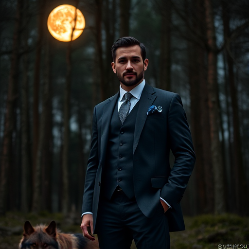 Generate an image of a well-dressed man wearing a three-piece suit with a blue pocket square standing confidently in a moonlit forest beside a large, dark wolf, with full moon illuminating the scene, captured with a Canon EOS R5, 50mm lens, aperture f/1.4, ISO 100, neutral density filter, and a soft focus style for enhanced depth and clarity.