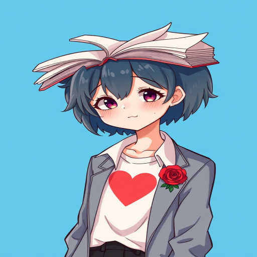 Create an illustration of a character with an open book for a head, wearing a casual shirt with a heart design, a grey blazer, and a single rose pin, against a bright blue background, using a Canon EOS R5 camera with a 50mm lens, aperture set to f/2.8, shutter speed 1/200s, and ISO 100 for vibrant colors and sharp details.