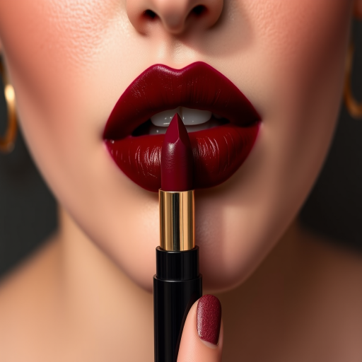Dramatic "Crimson Noir" velvet liquid lipstick in deep burgundy, intense pigmentation with a soft-focus finish, ideal for vintage-inspired glamour