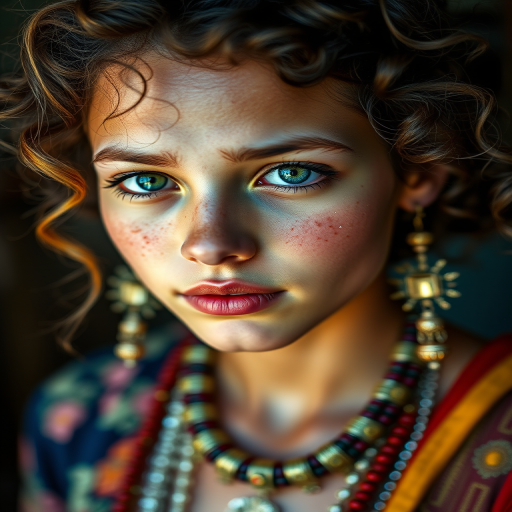 portrait of a young woman with curly hair, freckles, and vibrant green eyes adorned with traditional jewelry, soft lighting, 85mm lens, f/1.8 aperture, ISO 100, shallow depth of field, shot with a DSLR camera in natural light.