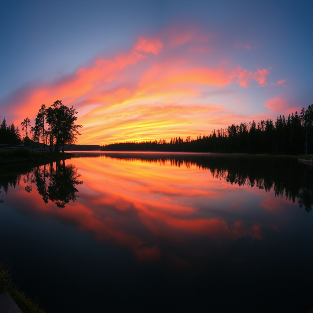a tranquil sunset over a calm lake, reflecting vibrant orange and pink hues, surrounded by tall trees, shot with a DSLR camera, aperture f/8, shutter speed 1/125 sec, ISO 100, panoramic view, wide-angle lens