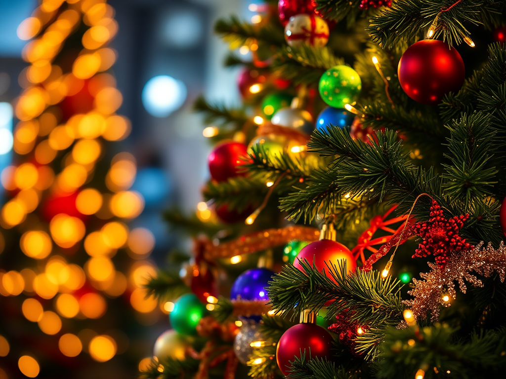Create a vibrant Christmas tree scene with sparkling lights and colorful decorations, shot in low light with a Canon EOS R5, f/2.8 aperture, ISO 400, 50mm lens, using a bokeh background and a slow shutter speed to enhance the light trails and details.