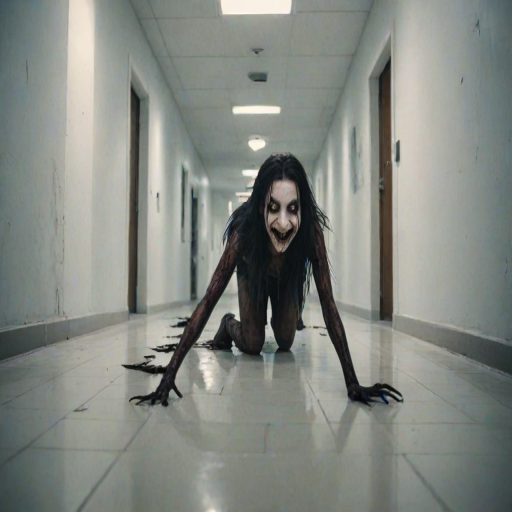 a crooked female with long arms and a creepy smile is crawling along a long white corridor and you can also see cockroaches in it there is a creepy atmosphere creepy art style