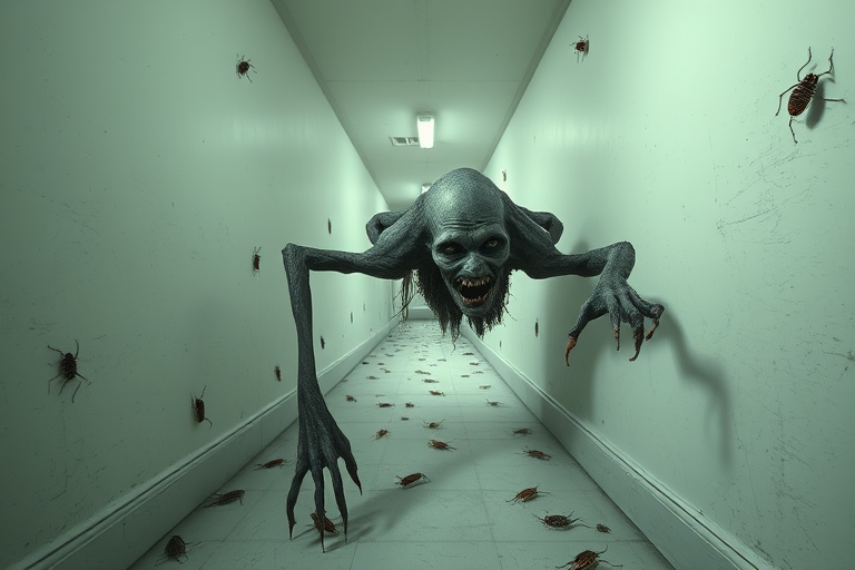 a crooked male with long arms and a creepy smile is crawling along a long white corridor and you can also see cockroaches in it there is a creepy atmosphere creepy art style