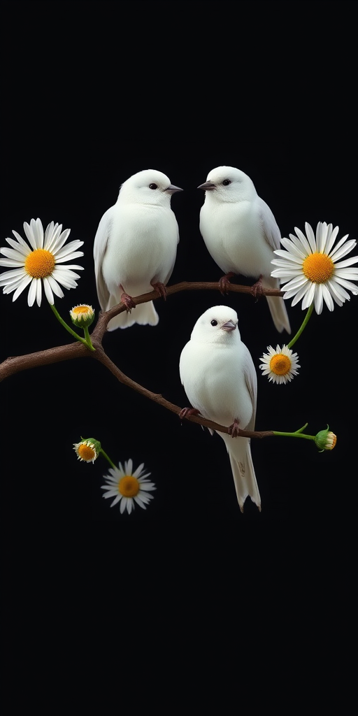 Create a high-resolution image of white birds perched on a stylized branch with daisies blooming on either side, using a shallow depth of field to emphasize the foreground, shot with a DSLR camera at f/2.8, ISO 100, and a 50mm lens, capturing a symmetrical composition against a dark gradient background.