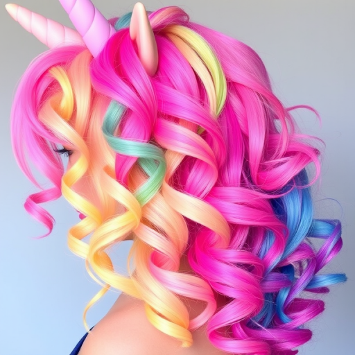 Vibrant rainbow unicorn hair melts from pastel pink roots through yellow, green, blue, and purple ends, styled in voluminous curls for a magical look