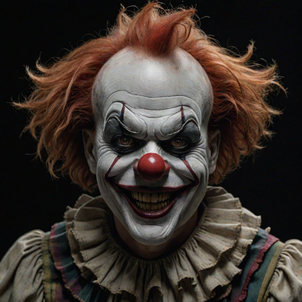 Create a hyper-realistic, dark, and eerie clown with a sinister smile, set against a black background. The clown should have exaggerated makeup with sharp, contrasting colors to enhance its menacing appearance. The overall atmosphere should be unsettling and intense, capturing a sense of horror and suspense