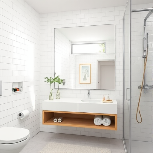 modern bathroom interior with white tiled walls, minimalist design, large mirror, soft natural light, cozy towels, camera settings: ISO 200, f/8, 1/60s, camera view: wide angle, camera style: bright and airy, camera type: DSLR
