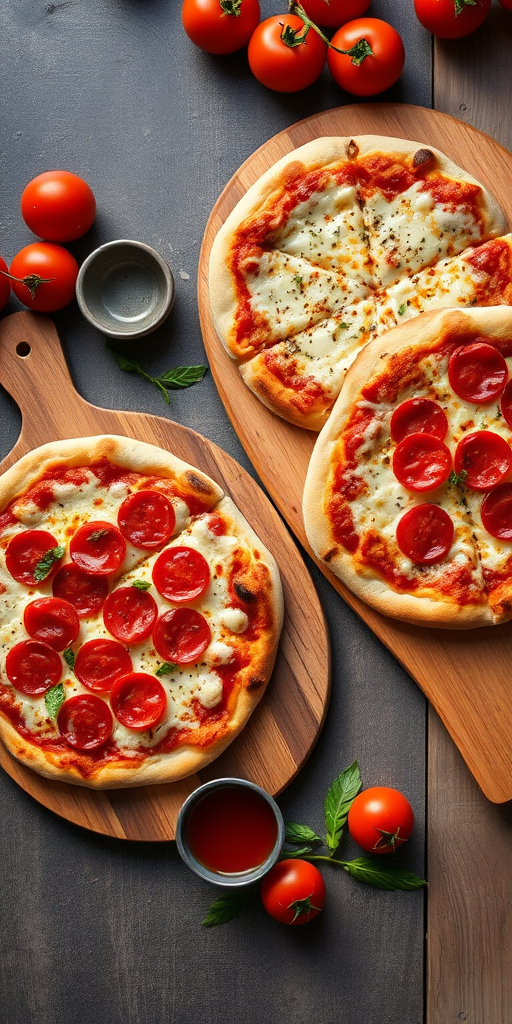 regenerate an image of two pizzas topped with pepperoni and cheese on wooden serving boards, surrounded by fresh tomatoes, a small bowl of dipping sauce, and herbs, captured with a DSLR camera at f/2.8 aperture, ISO 100, 50mm lens, overhead view, natural light for soft shadows and enhanced colors