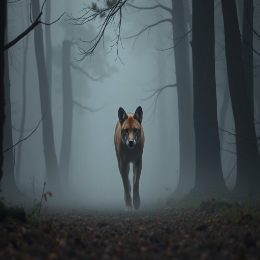 A Thylacine walking through a fog shrouded forest.