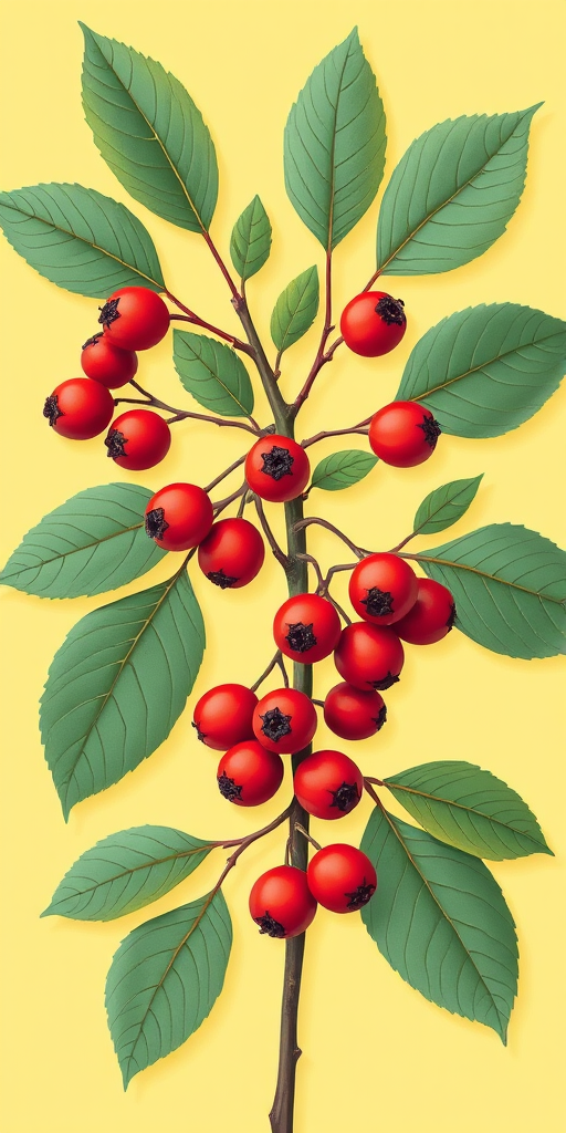 generate a detailed illustration of a plant with berries and leaves on a soft yellow background using a Canon EOS R5 with a 50mm f/1.2 lens, aperture set to f/4 for optimal depth of field, shot from a slightly elevated angle to capture the arrangement of the berries and leaves, in a bright and clean style with vivid colors and smooth lines for enhanced clarity.