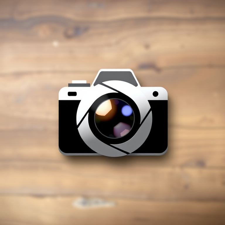 Create an image of a camera aperture icon with a clean, modern design, using a 50mm lens at f/1.8 for sharp focus, ISO 100, and a soft-focus background, shot from a top-down view with high contrast and saturation to enhance visual appeal.