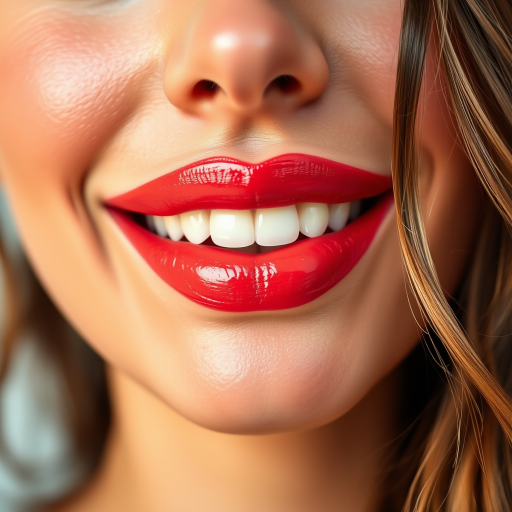 Vibrant coral woman lips with glossy sheen, framed by a radiant smile, enhancing natural beauty and youthful glow