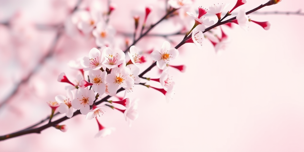 Create a high-resolution illustration of cherry blossom branches with a soft pastel pink background, using a macro lens setting, shot from a slight overhead angle with a digital painting style, employing a high-quality DSLR camera.