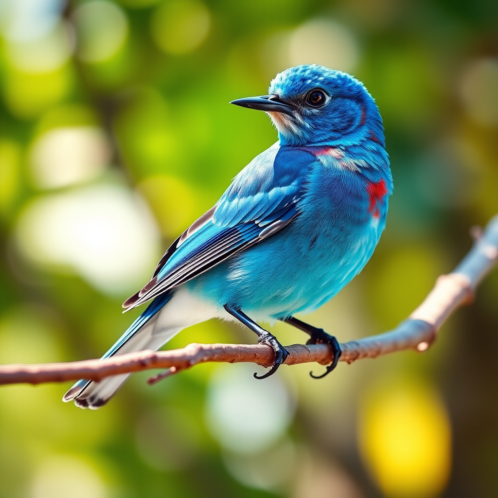 Create a vector illustration of a blue bird perched on a branch, using vibrant colors and smooth lines, shot with a Canon EOS 5D Mark IV, f/2.8 aperture, 50mm lens, in a bright daylight setting with a shallow depth of field.