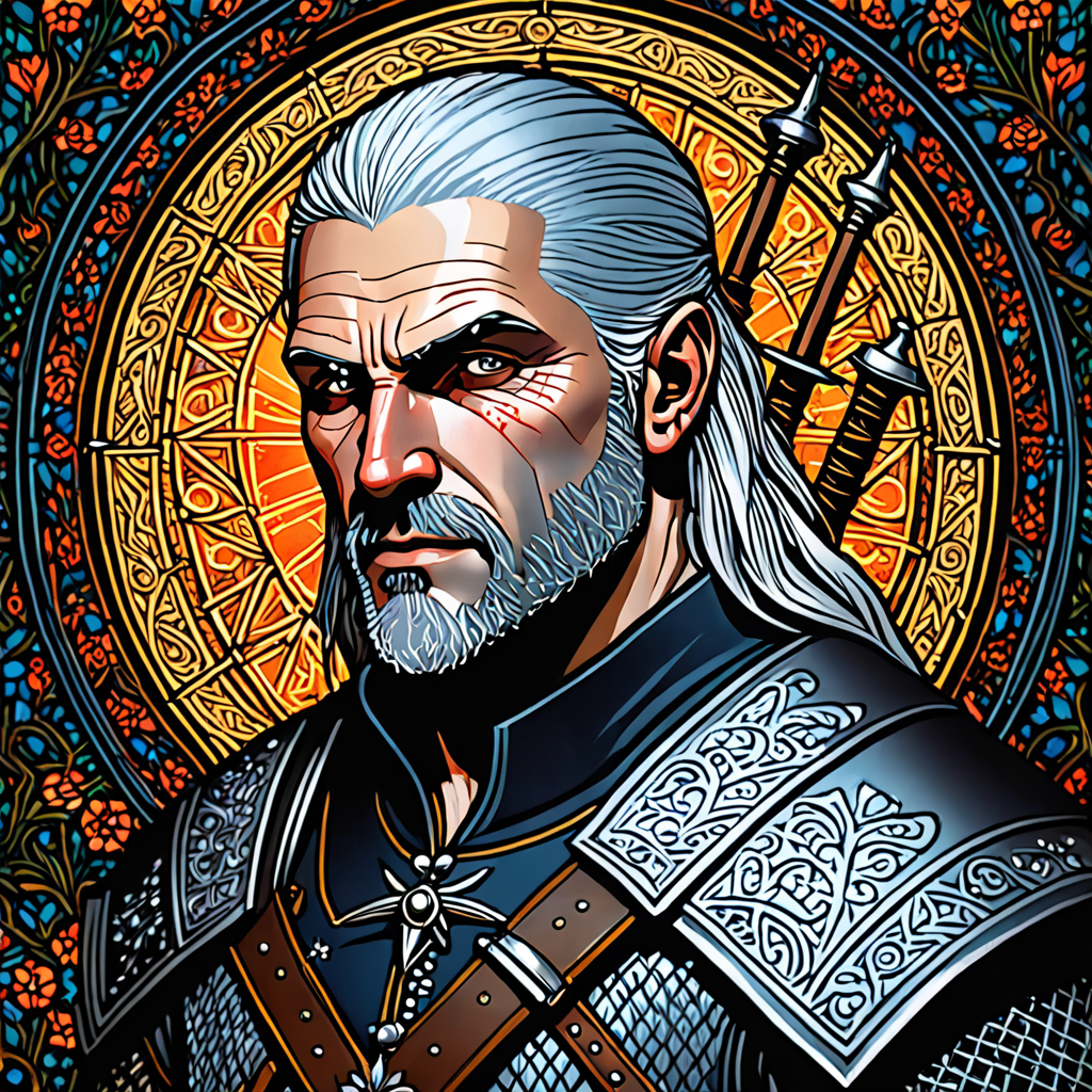 Geralt of rivia in medieval illuminure style