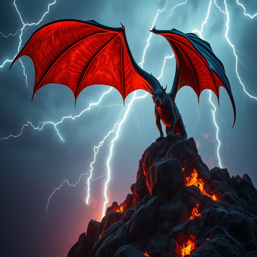 Create a high-resolution image of a dragon standing on a rocky mountain during a storm, surrounded by lightning and flames, captured with a Canon EOS R5, 24mm lens, ISO 100, f/8, 1/500 sec, shot in dramatic lighting from a low angle.