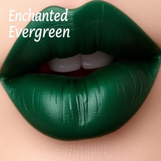 Deep forest green lipstick with a satin finish, titled "Enchanted Evergreen," boasting a long-lasting formula and subtle metallic sheen