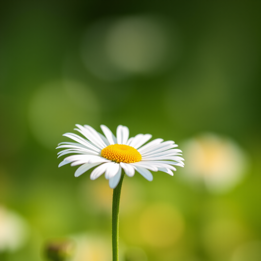 Capture a close-up of a daisy flower with a soft bokeh background, using a Canon EOS R5, 50mm f/1.2 lens, aperture set to f/2.8, ISO 100, and shutter speed of 1/200s for enhanced image quality.