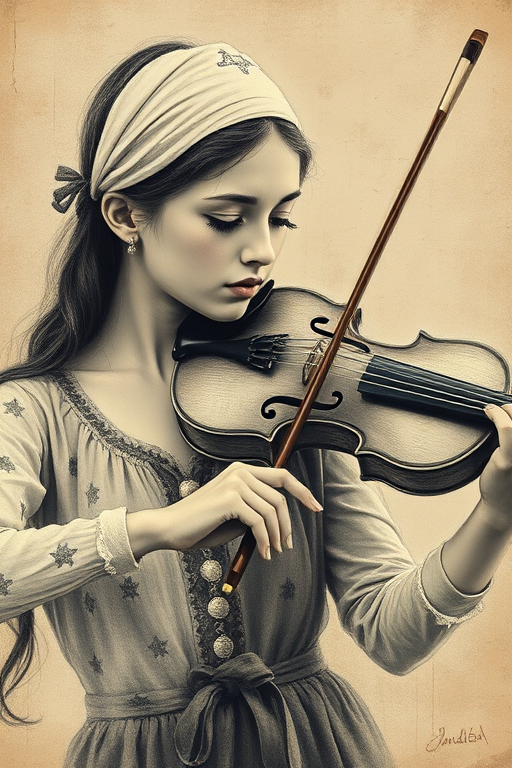 a young Mizrahi woman with a white headband playing a violin, in the style of a charcoal drawing, sepia grunge background