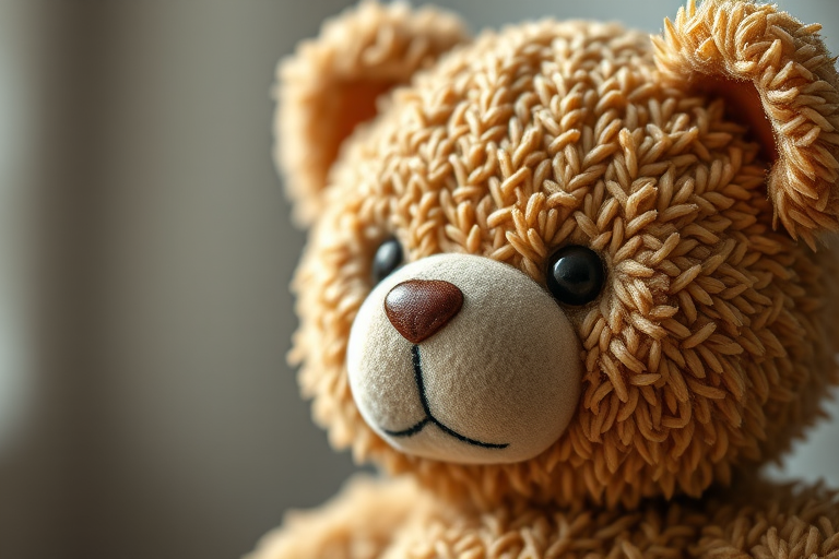 photorealistic image of a textured teddy bear toy, close-up view, natural light, ISO 100, f/2.8, 50mm lens, shallow depth of field, soft focus background