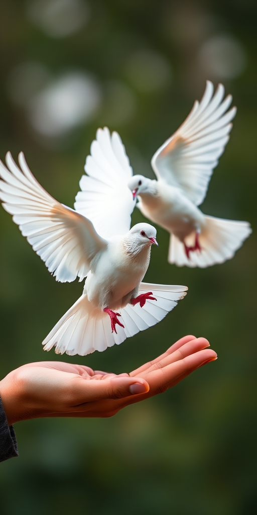 Regenerate the image of two white doves flying near a hand, captured with a DSLR camera, aperture f/2.8, shutter speed 1/500s, ISO 200, with a shallow depth of field and soft bokeh background for enhanced quality.