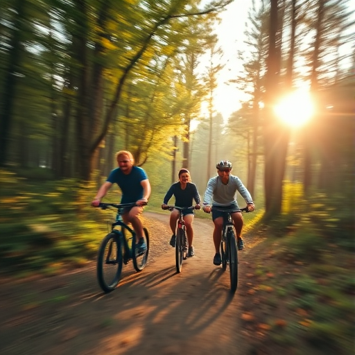 Blurry action shot of a group of friends riding bicycles through a forest trail, soft golden light filtering through the trees, with leaves softly falling around them.
