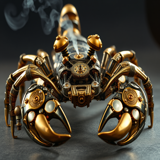 Create a high-intensity, high-resolution image of a steampunk scorpion, featuring intricate clockwork mechanisms and brass gears. The scorpion should have metallic limbs with elaborate jointed segments, showcasing a blend of Victorian-era aesthetics and futuristic technology. The body should be adorned with cogwheels, pistons, and small steam vents emitting a subtle mist, the front pinchers should up up and open. Capture the scene with dramatic lighting to emphasize the mechanical details, giving it a sense of motion and life