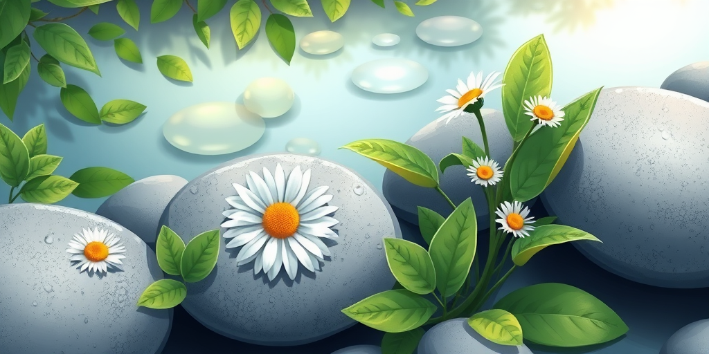 generate a vibrant illustration of a serene nature scene featuring various green leaves and white daisies around smooth grey stones with a gentle water reflection, using a DSLR camera with a 50mm lens, aperture set to f/2.8, ISO 100, natural lighting, and soft focus for a dreamy effect