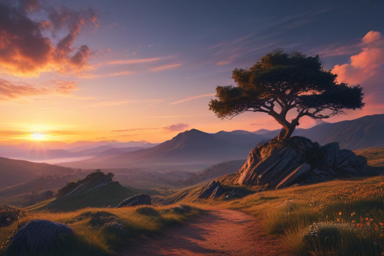Serene Sunset Over Majestic Mountains with Lone Tree on Rocky Outcrop