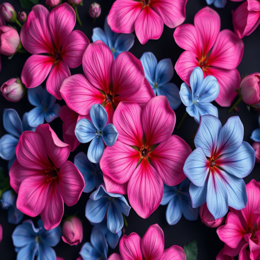 floral pattern with vibrant pink and blue flowers on a dark background, macro lens, f/2.8 aperture, ISO 100, 50mm prime lens, soft focus, high contrast, digital photography