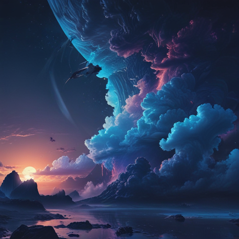 Majestic Cosmic Landscape with Dramatic Clouds and a Distant Planetary View