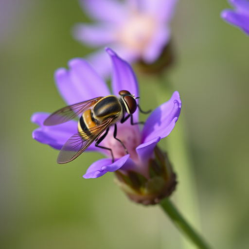 macro shot of a striped hoverfly perched on a vibrant purple flower, shallow depth of field, ISO 100, f/2.8 aperture, 1/200s shutter speed, shot with a DSLR camera, 100mm macro lens, natural lighting.