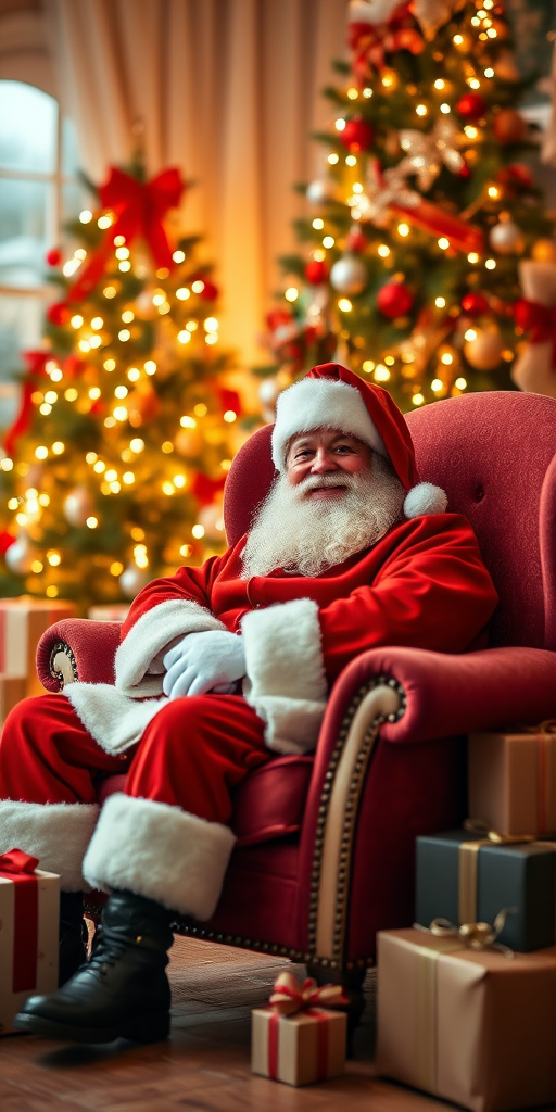 Create an image of a jolly Santa Claus sitting in a plush armchair surrounded by a beautifully decorated Christmas tree and presents, in a warmly lit room with festive decorations, shot with a DSLR camera at f/2.8, ISO 100, 50mm lens, with a shallow depth of field for a bokeh effect.