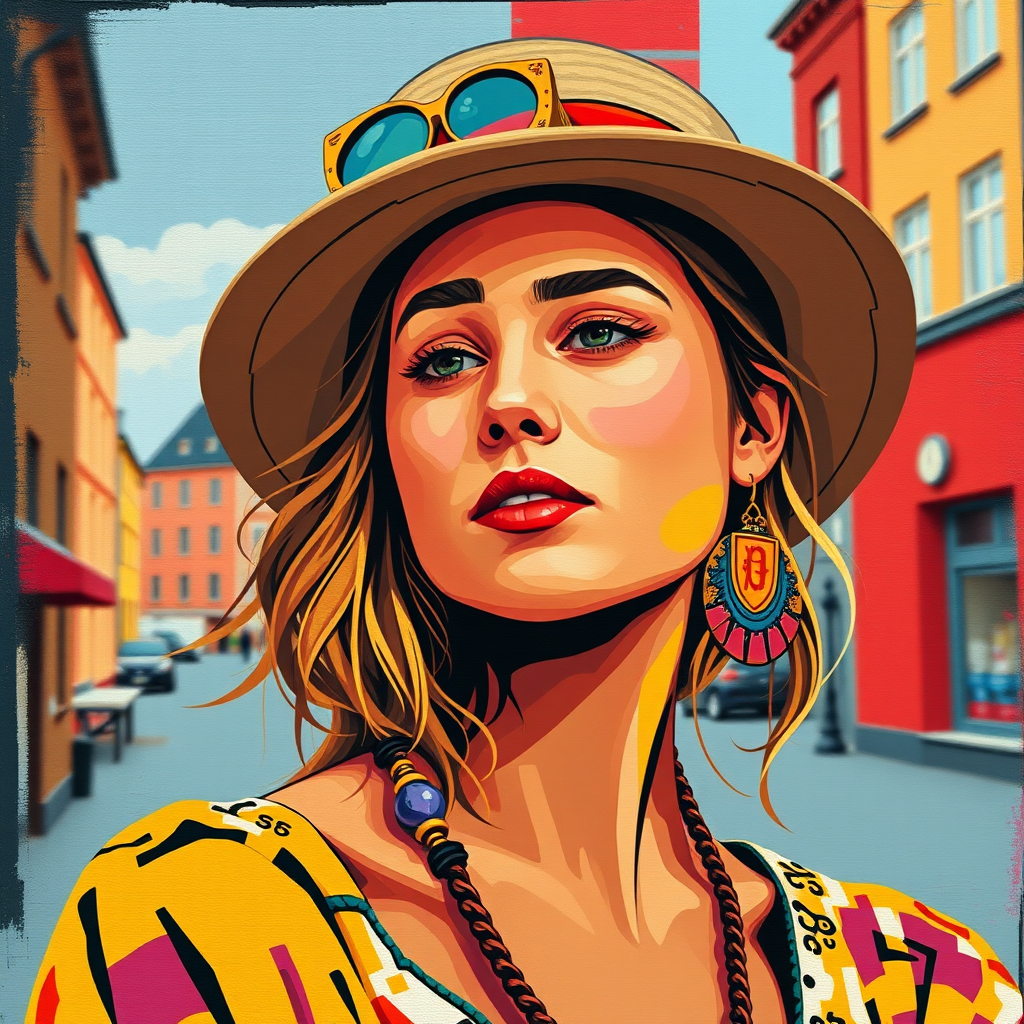 A vibrant artwork blending bohemian style with edgy street art, featuring a young Swedish woman. The design mixes vibrant colors with the modern Disney-inspired style, echoing Roy Lichtenstein's pop art. The overall mood is optimistic and trendy, with elements of Johannes Vermeer’s classic elegance, combined with the geometric abstraction of crystal cubism. add Stockholm shilluette