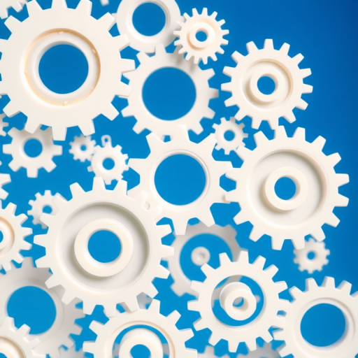 Generate an intricate pattern of various sizes of white mechanical gears against a gradient blue background, featuring sharp details and a high contrast, shot with a DSLR camera at f/8 aperture, ISO 100, 50mm lens, macro view, soft natural lighting.