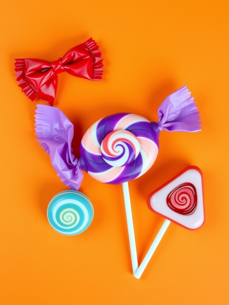 Generate an illustration of various candies including a red bow candy, a striped wrapper candy, a purple lollipop with a swirl, and a triangular candy on a vibrant orange background, using a Canon EOS 5D Mark IV, 50mm lens, f/2.8 aperture, ISO 100, natural lighting, and a flat lay view to enhance image quality.