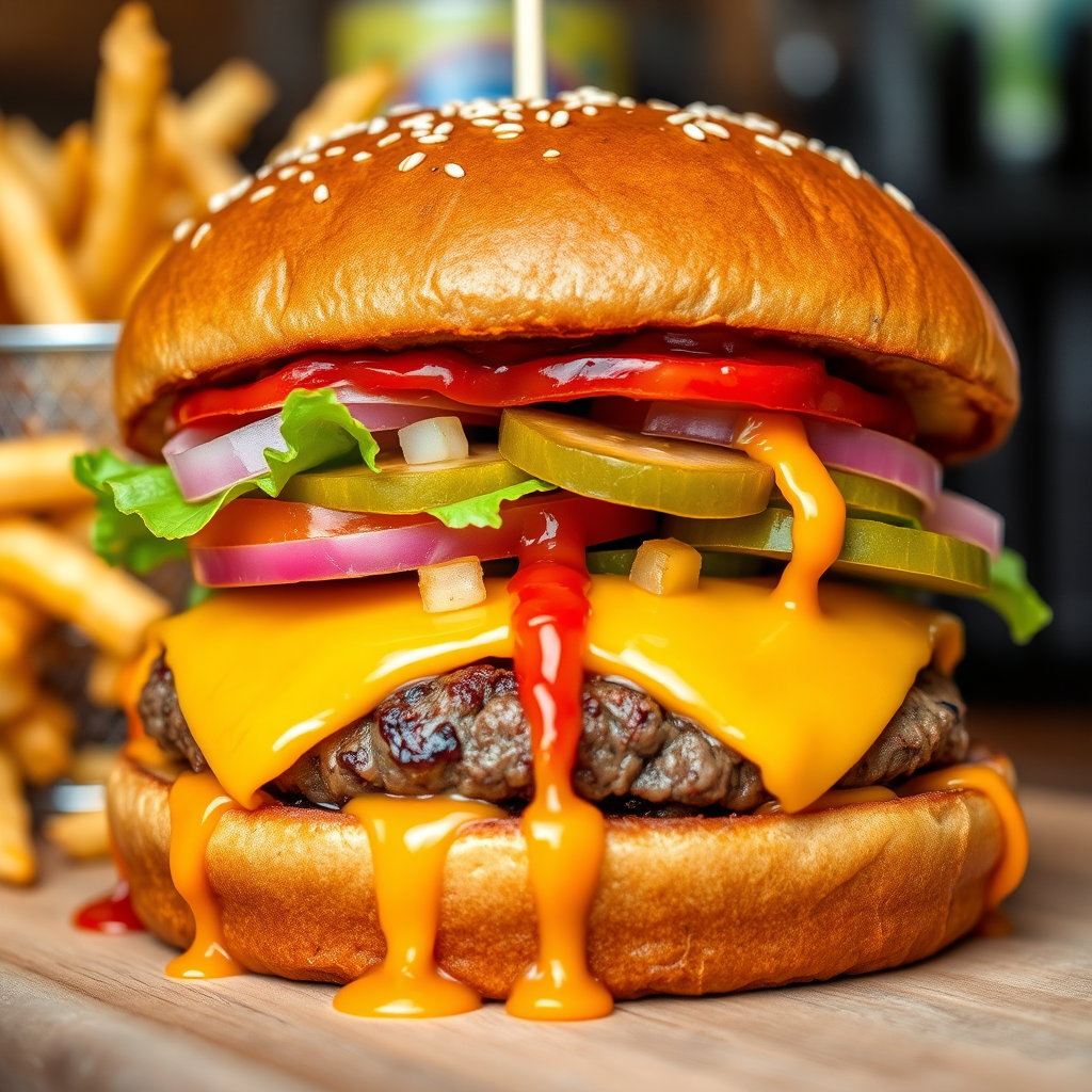 High-resolution, close-up image of a gourmet double cheeseburger. The burger features a glossy, sesame-seed-topped brioche bun. Inside, there are two thick, juicy beef patties, each topped with melted cheddar cheese. The burger is garnished with fresh lettuce, tomato slices, diced onions, and pickles. A generous amount of ketchup and a creamy, orange-colored sauce is dripping down the sides, adding to the mouth-watering appeal. In the background, there are blurred elements including a side of golden French fries and a hint of a beverage, enhancing the overall presentation of a delicious meal.