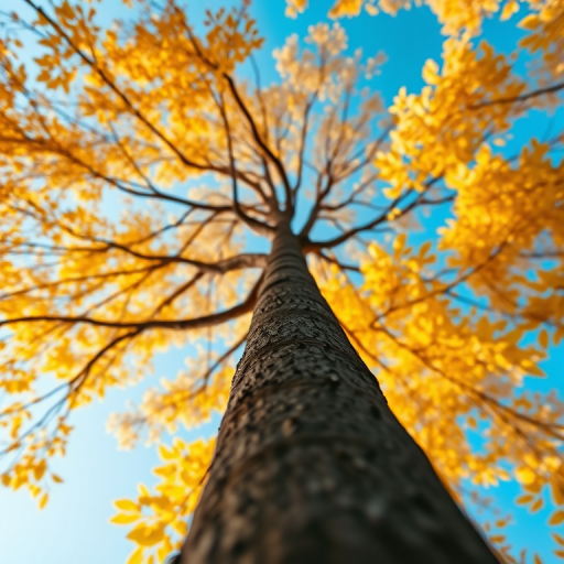 photograph of a tall tree with vibrant yellow leaves against a blue sky captured from the base looking up, using a DSLR camera, f/8 aperture, ISO 100, 24mm wide-angle lens, natural lighting, sharp focus on the trunk with a blurred background