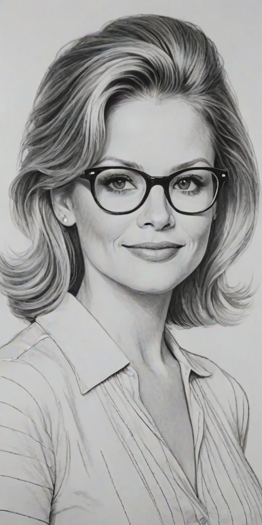 Radiant Candace Cameron Bure, pencil sketch, portrait of Ravishing woman 1956s in glasses, hair style beatnik, outline, clear lines, fine lines, 8k