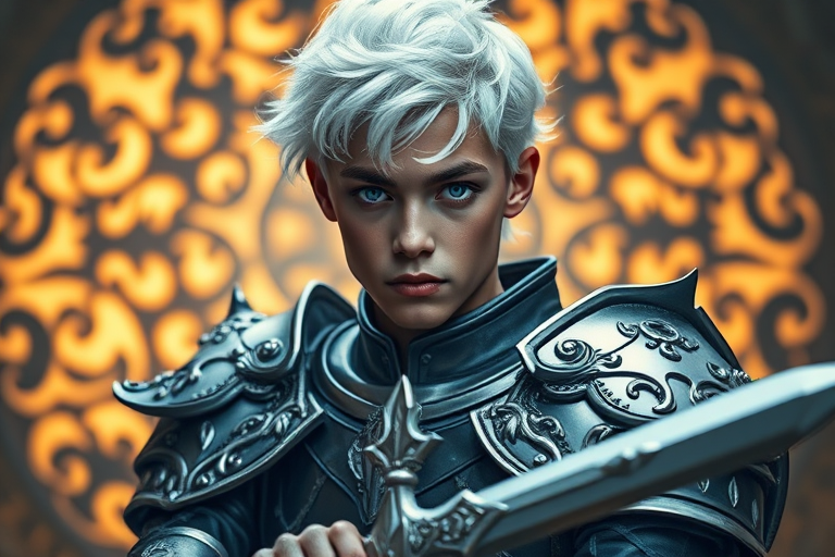 Create a highly detailed fantasy warrior image featuring a young man with white hair and blue eyes, wearing ornate silver armor and holding a sword, set against a glowing, intricate background, captured with a Canon EOS R5, 50mm lens, f/1.8 aperture, ISO 100, in dramatic lighting for enhanced depth and vibrancy.