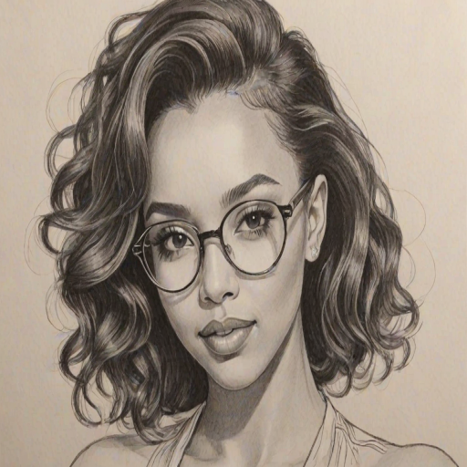 Gorgeous Tinashe, pencil sketch, portrait of Enticing woman 1957s in glasses, hair style beatnik, outline, clear lines, fine lines, 8k