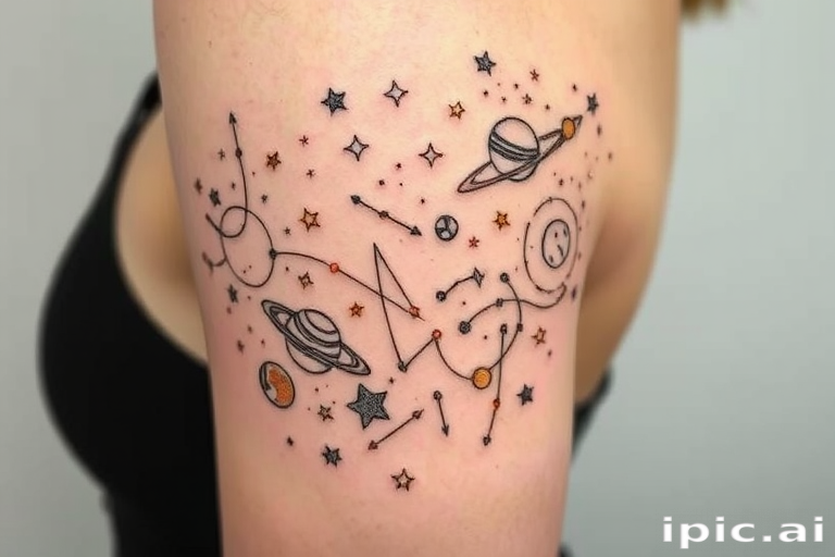 Minimalist line art tattoo titled "Celestial Dance" showcasing a continuous single-line drawing of planets, stars, and constellations, with small pops of metallic gold ink to highlight key celestial bodies