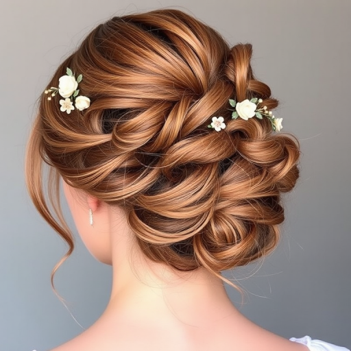 Romantic Rose Gold Updo featuring soft, loose curls pinned elegantly at the nape of the neck, adorned with delicate floral hairpins and wispy tendrils framing the face